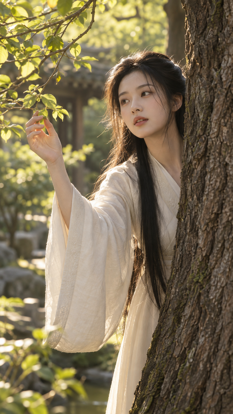林の中、木の陰から覗く古風で写実的な人物肖像