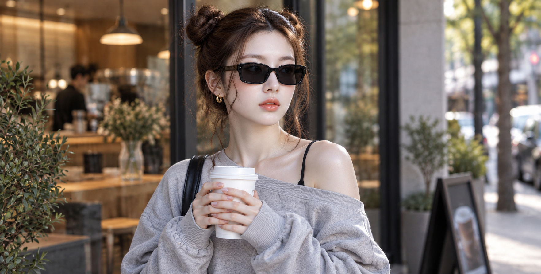 East Asian fashion woman holding coffee in front of a café