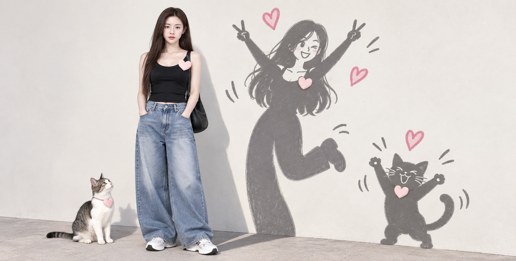 遊び心のある手描きの影猫と韓国MZ世代の女性