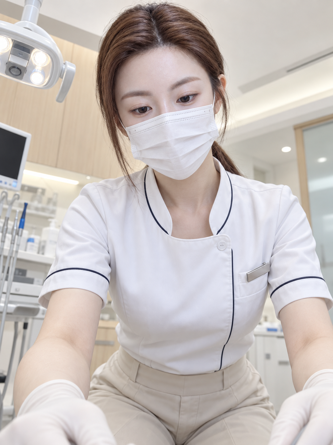 Chân dung tả thực của nhân viên vệ sinh răng miệng đang làm sạch răng từ góc nhìn bệnh nhân