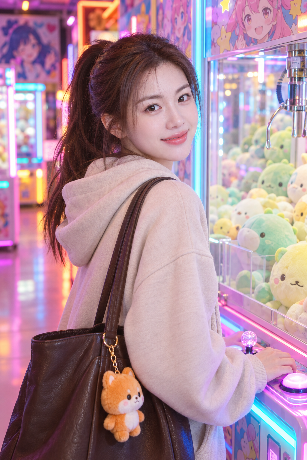 Portrait réaliste d'une femme adulte à la machine à pince d'une salle d'arcade colorée