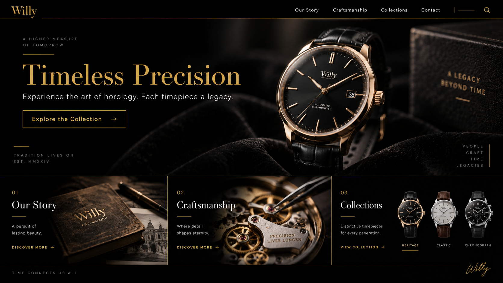 Design de page d'atterrissage pour une marque de montres de luxe noir et or