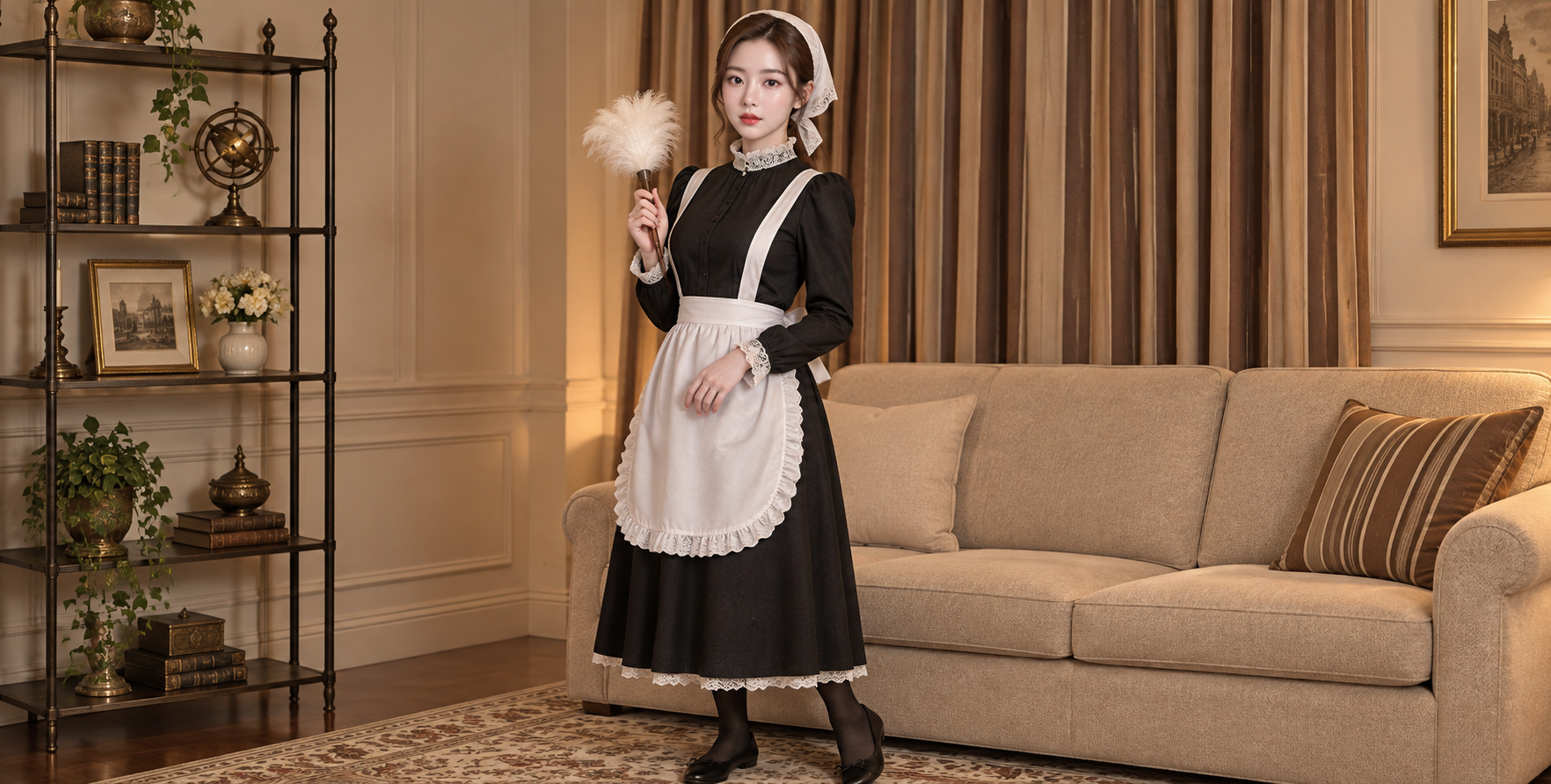 大人の女性のヴィンテージ家事をテーマにした屋内ファッションポートレート