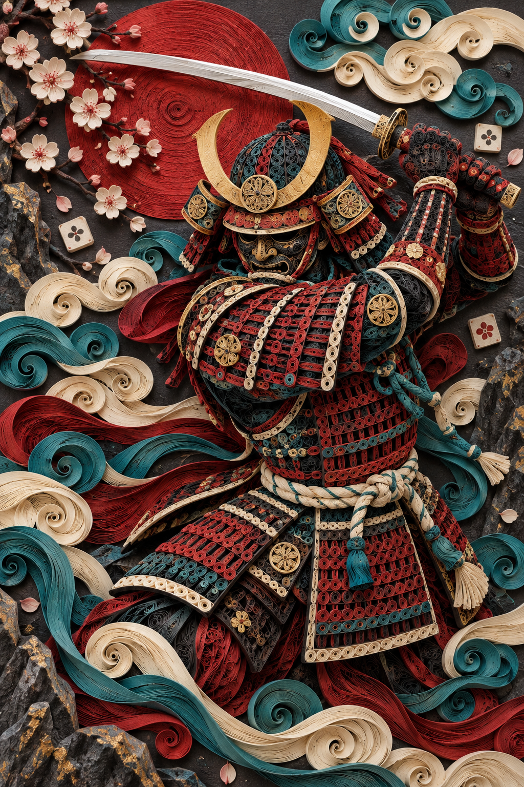 鮮やかなペーパークイリングで立体化した日本の侍