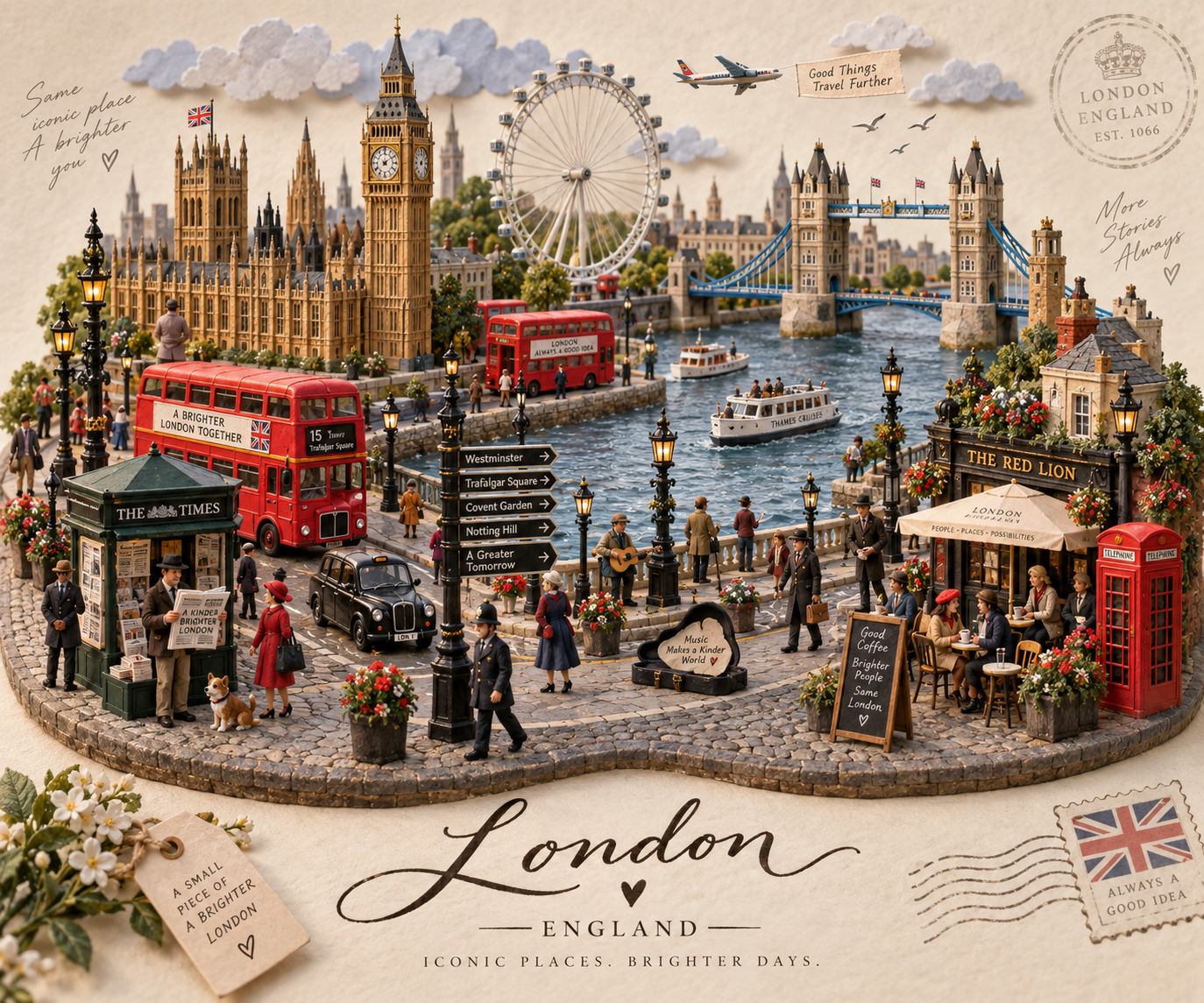ロンドンの3Dペーパーカット粘土ミニチュア風景イラスト