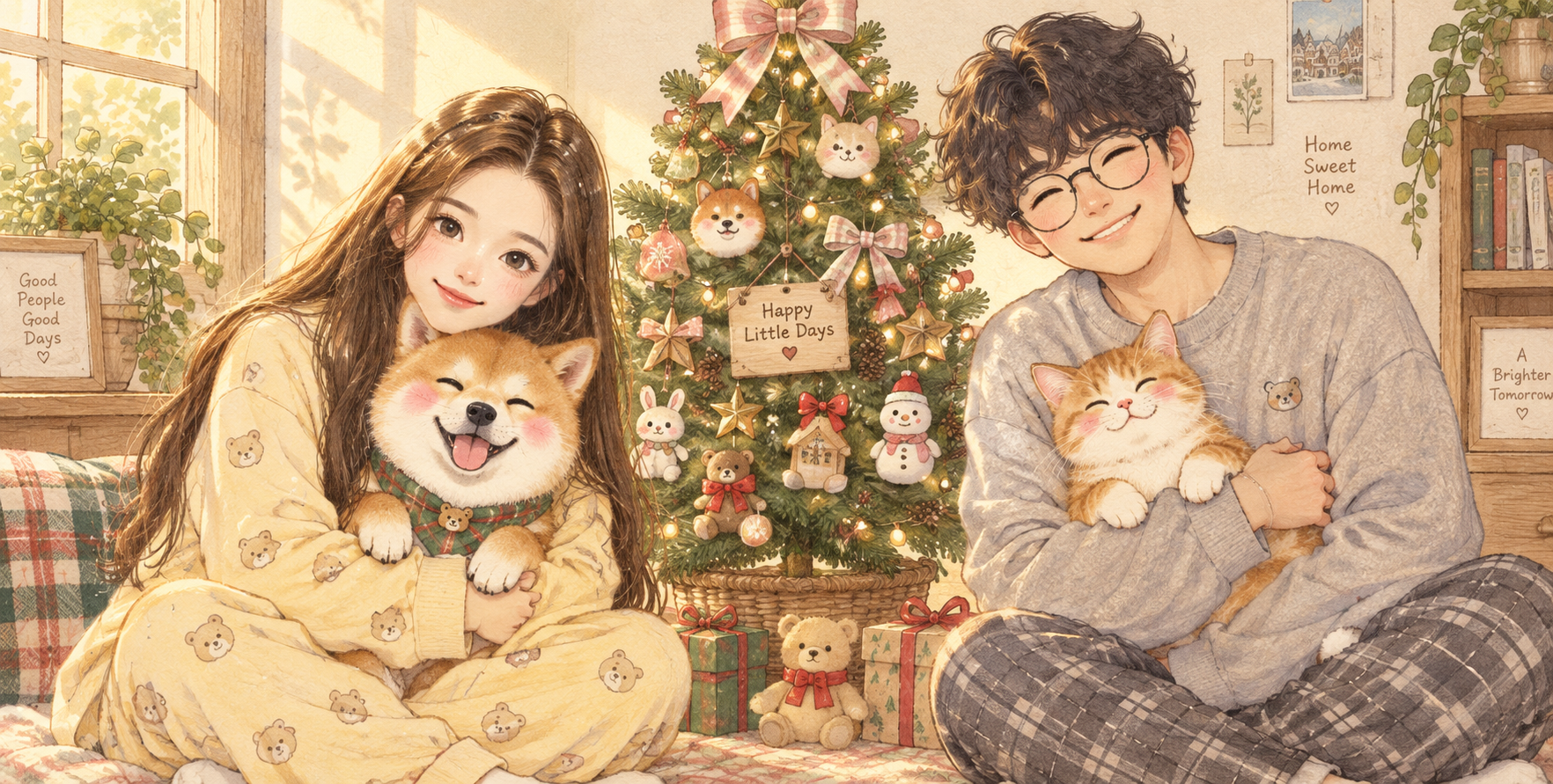 癒し系クリスマス雰囲気の手描き水彩イラスト