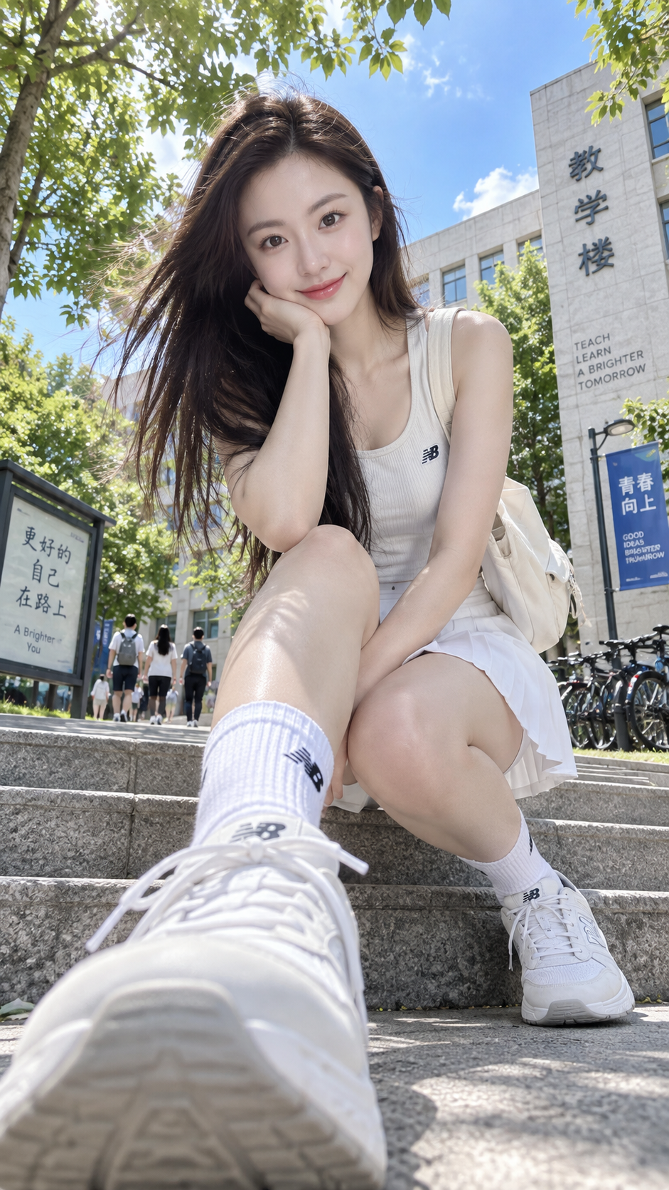 夏のキャンパスでローアングル広角の成人女性ポートレート