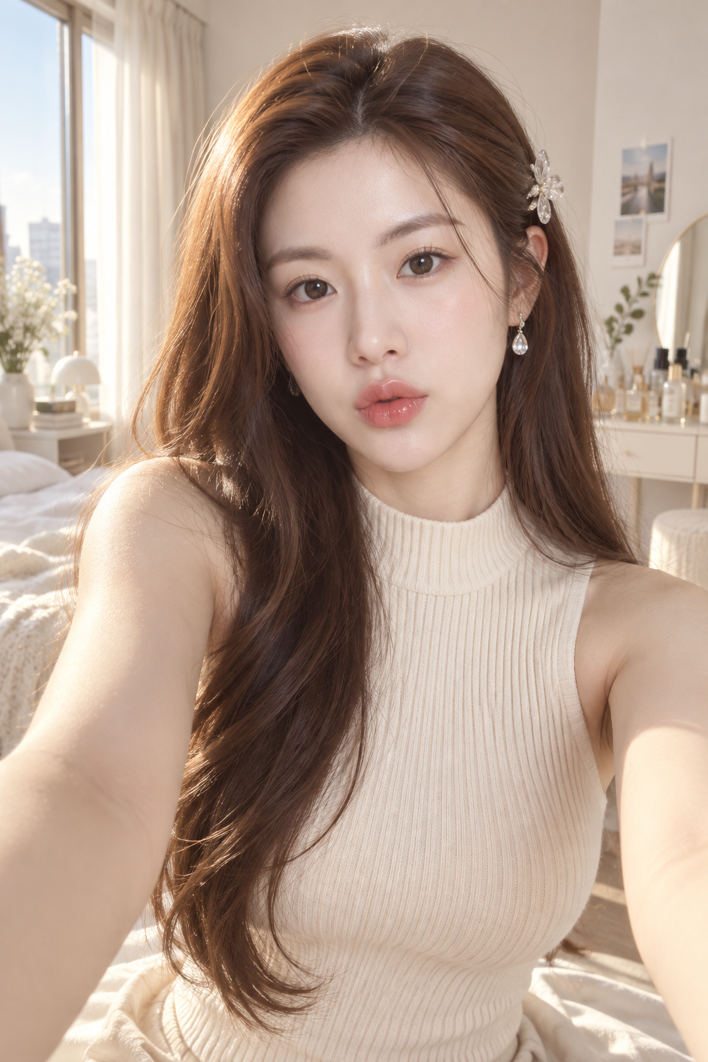 Chân dung selfie cô gái Đông Á 20 tuổi mặc áo len màu kem