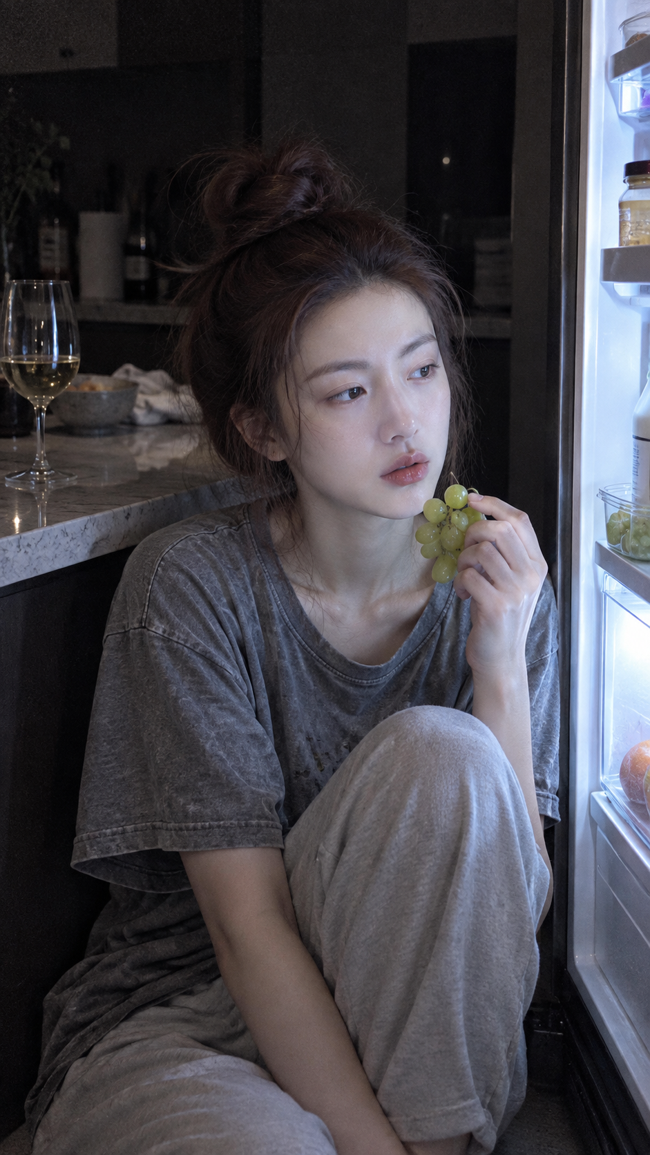 Portrait d'une vie de femme adulte dans la faible lueur d'un réfrigérateur à 3 h du matin — AI image creation