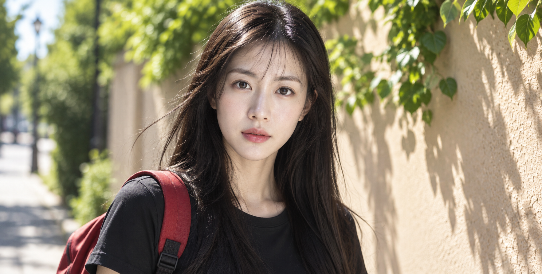 Portrait de rue d'un adulte est-asiatique près d'un mur beige ensoleillé