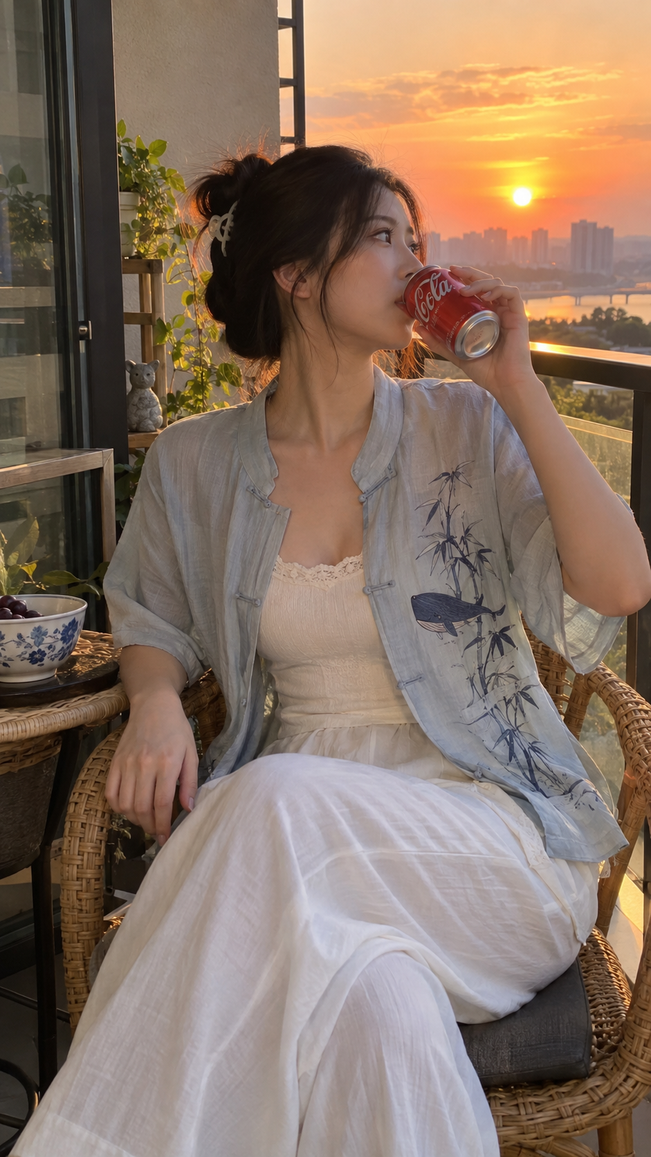 夕暮れのバルコニーで宋制改良漢服を着た少女