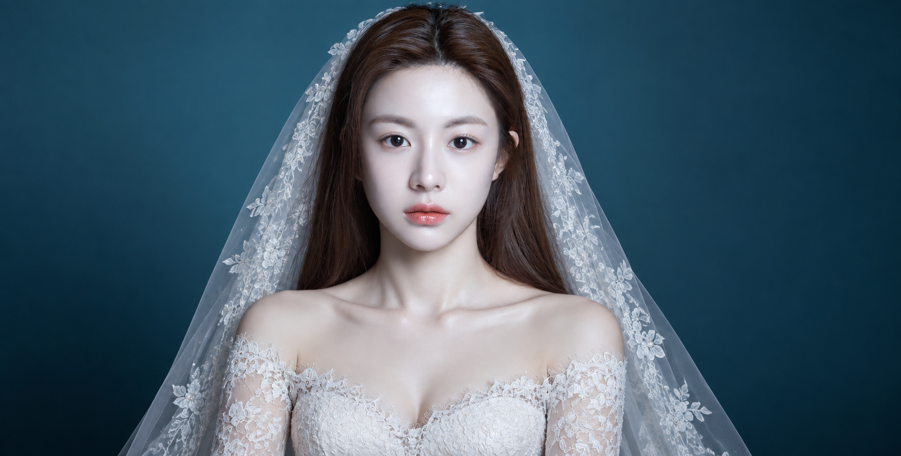 Elegant Realistic Adult Bride Portrait in Floral Embroidered Lace Wedding Dress
