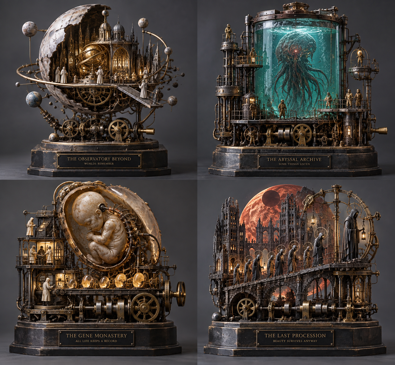 Quadriptyque de sculptures cinétiques de précision d'un univers de science-fiction horrifique