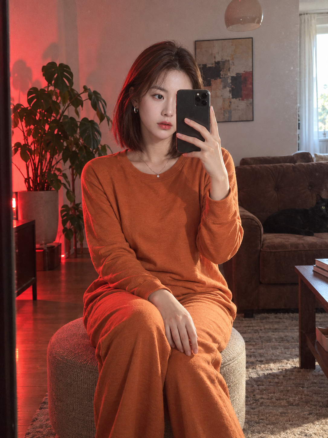 Adult Woman Mirror Selfie in Red-Lit Living Room
