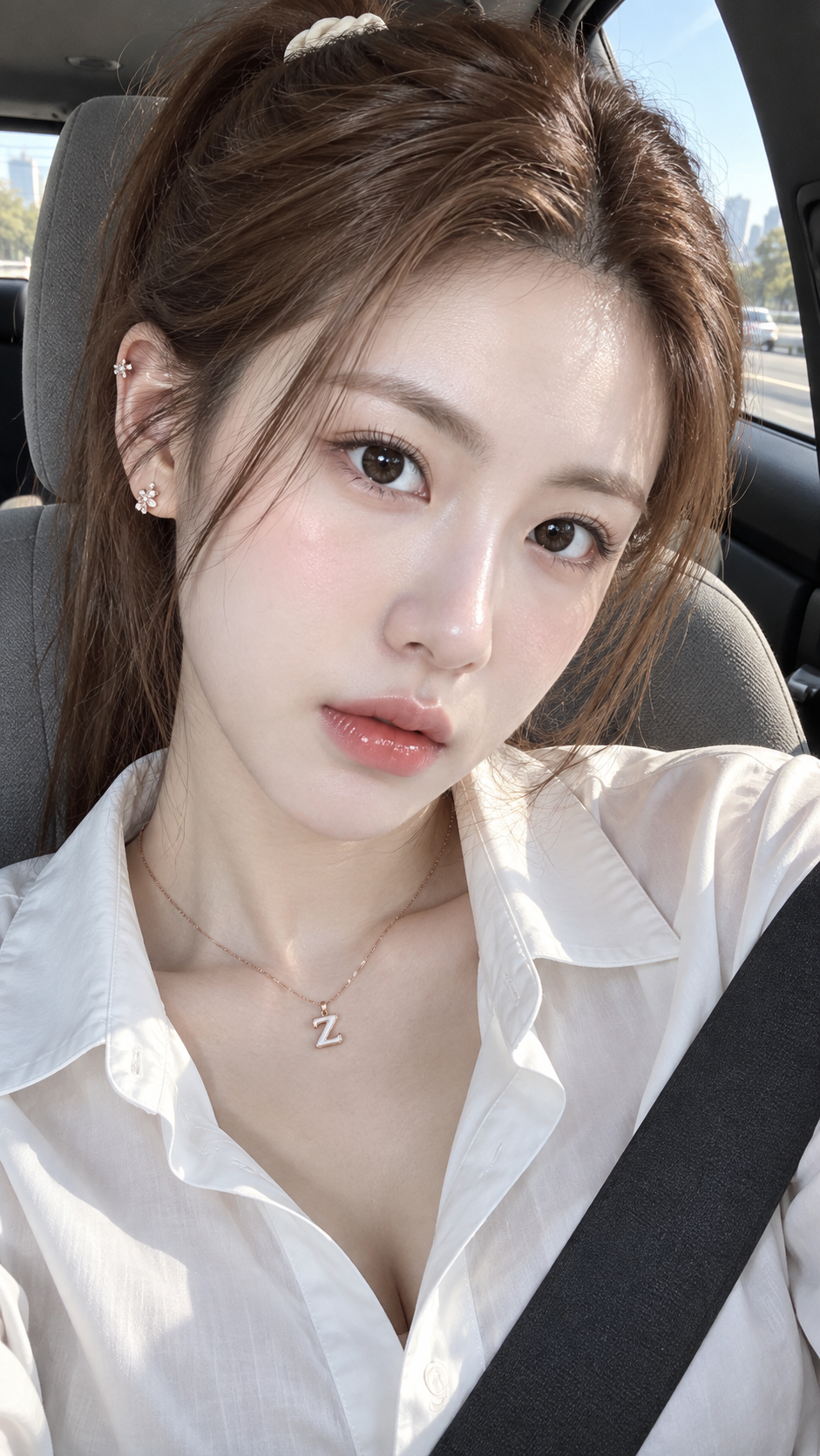 超写実的な韓国の少女の車内自撮り