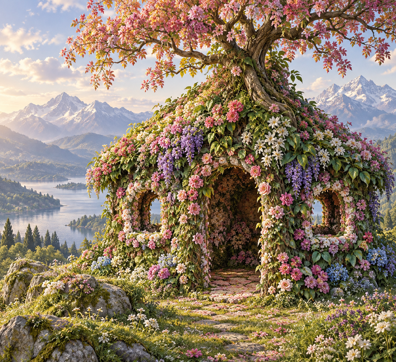 La maison fleurie sous l'arbre aux feuilles colorées