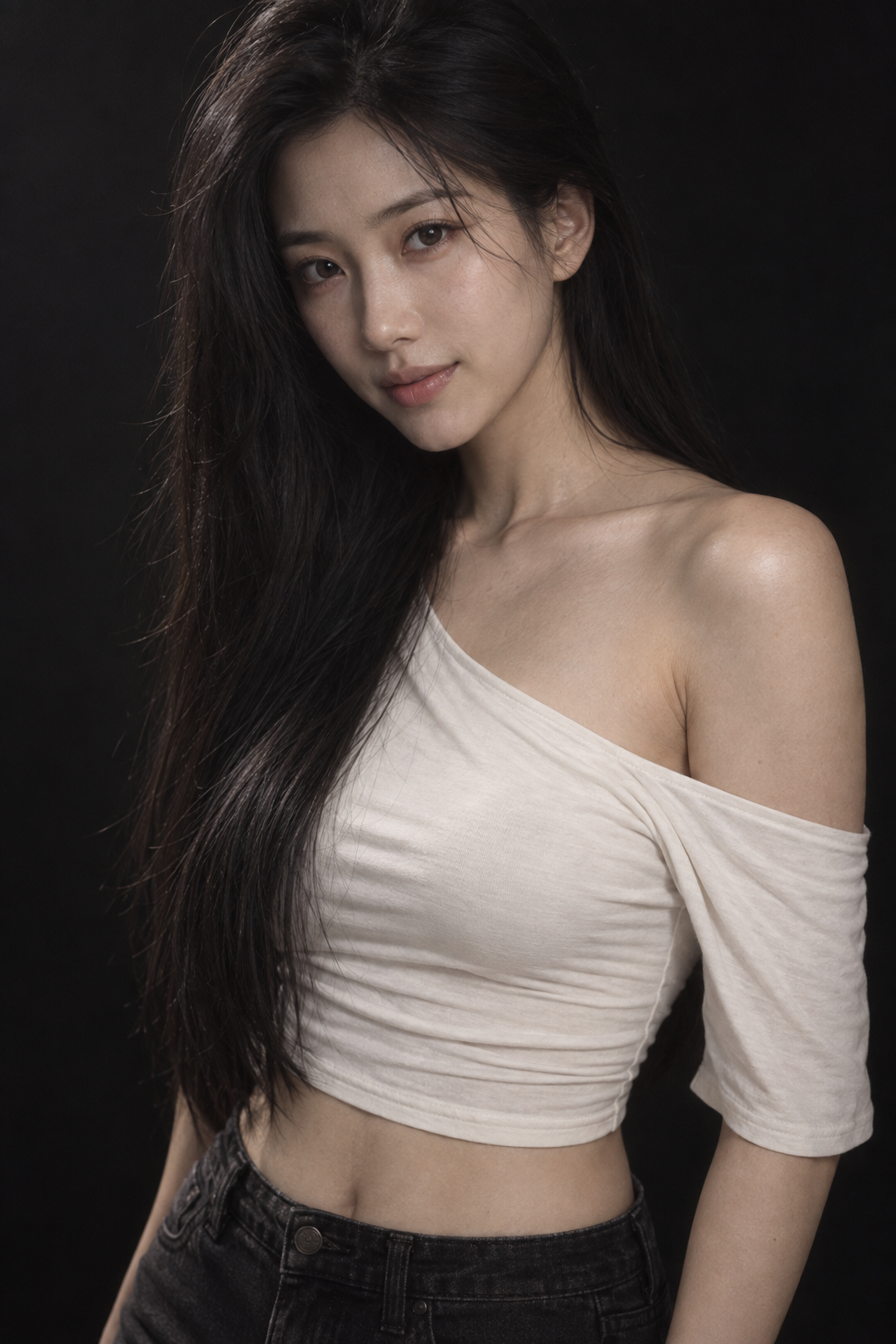 東アジア女性の黒い後ろ姿のスタジオ映画的ポートレート