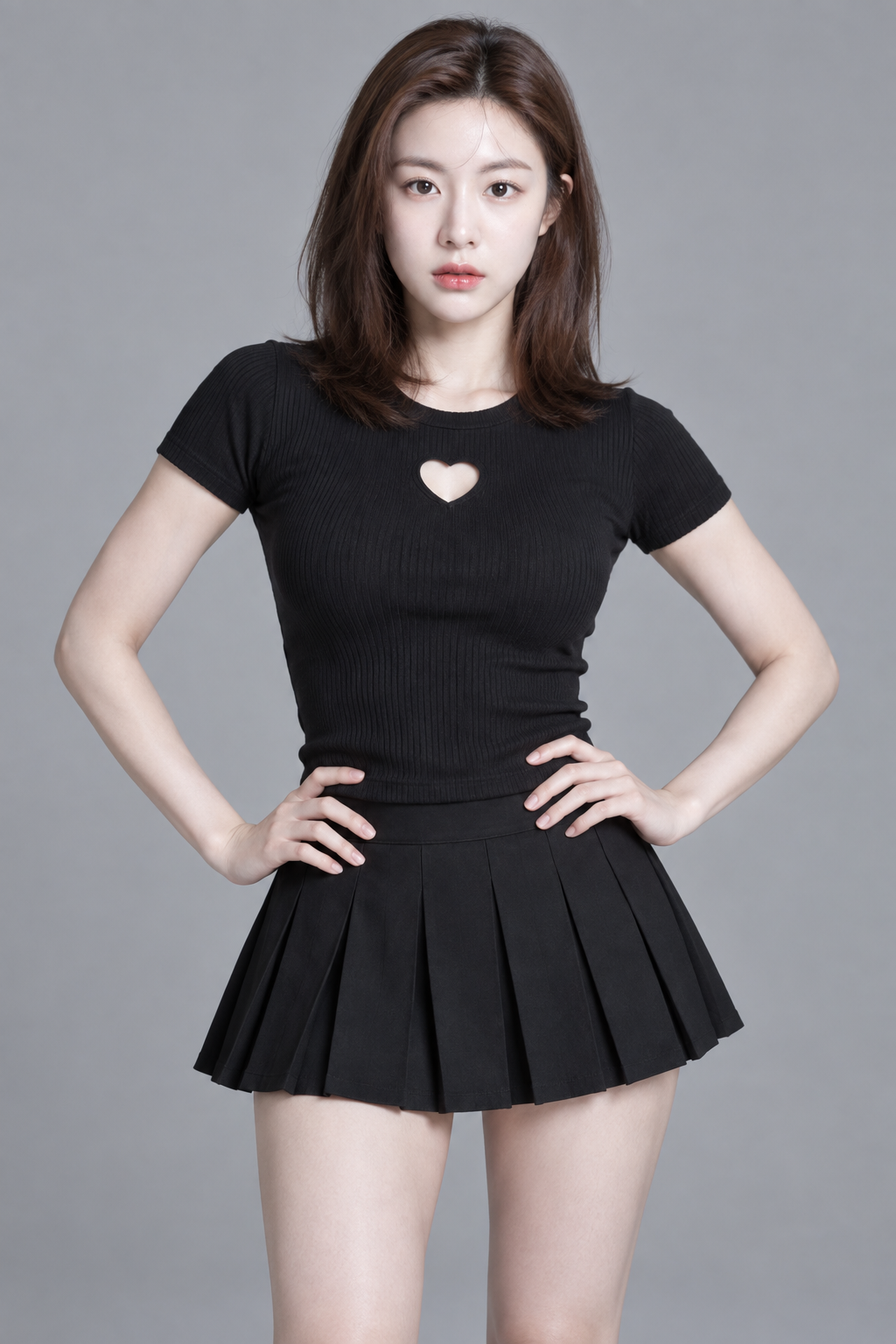East Asian Beauty Studio Portrait in Black Cutout Top and Pleated Skirt