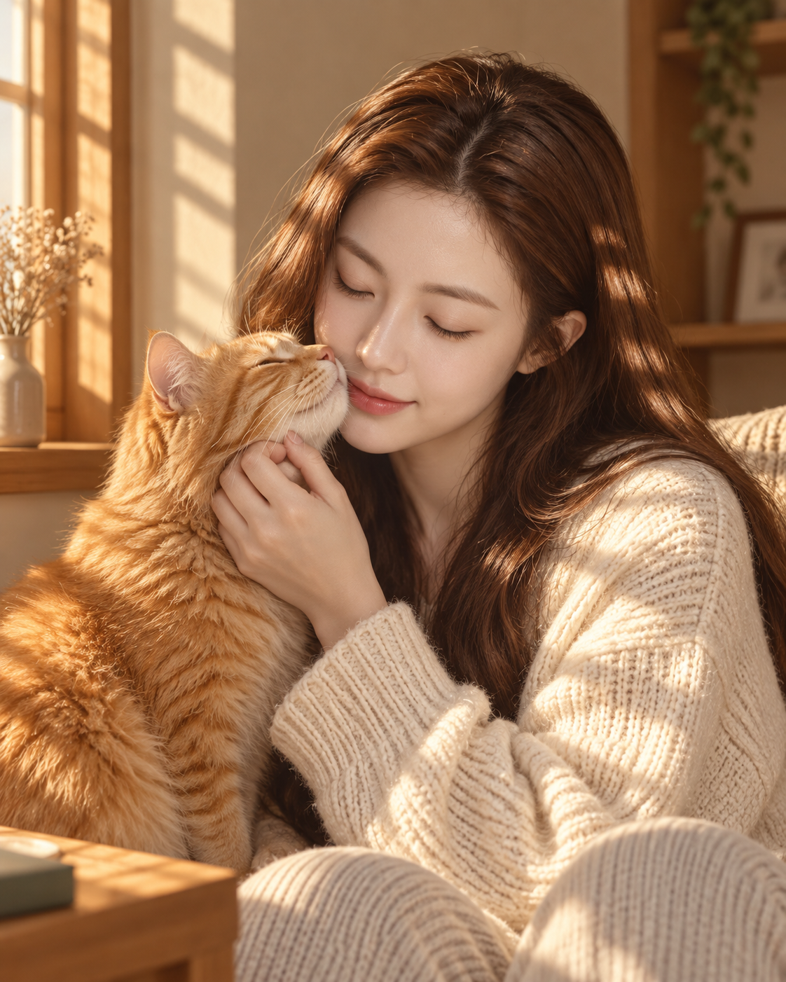 暖かな日差しの中でオレンジ猫と触れ合うセーターの女性ポートレート