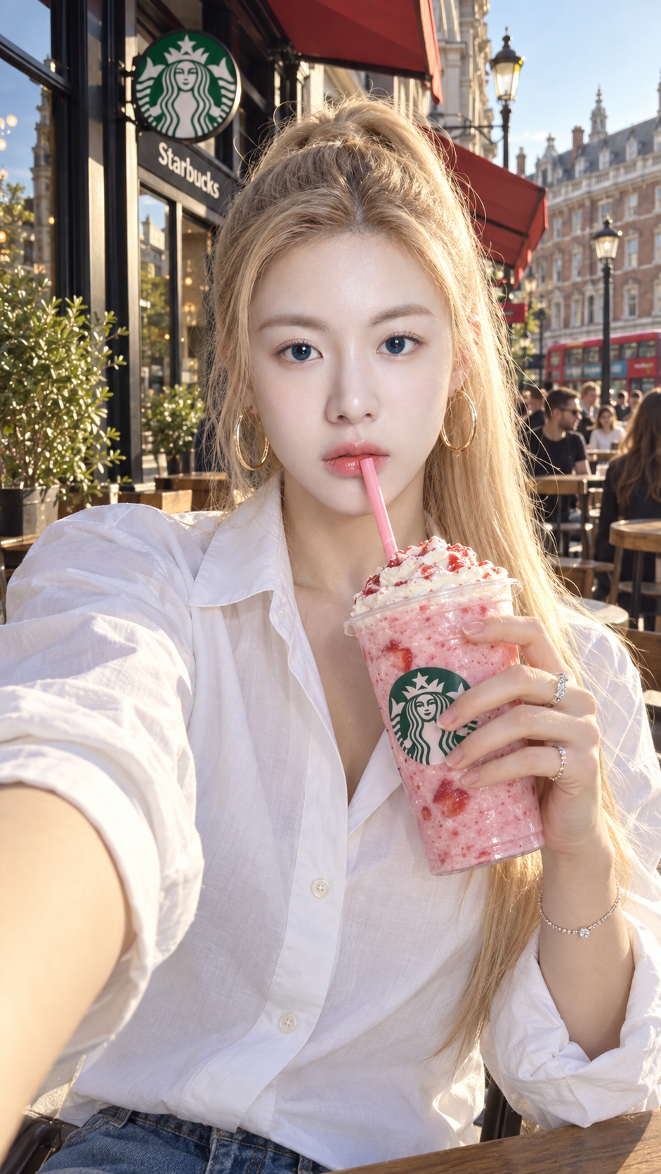 Belle blonde tenant un Starbucks dans une rue européenne ensoleillée