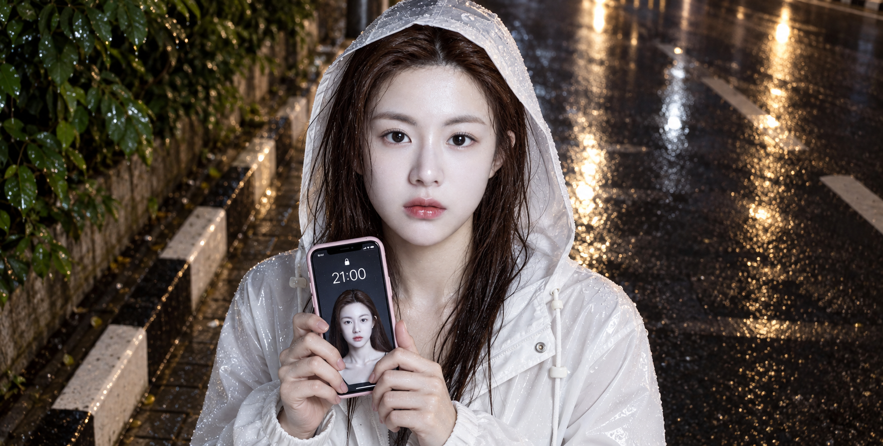 雨上がりの街角で撮影した成人女性のスマホ編集ポートレート