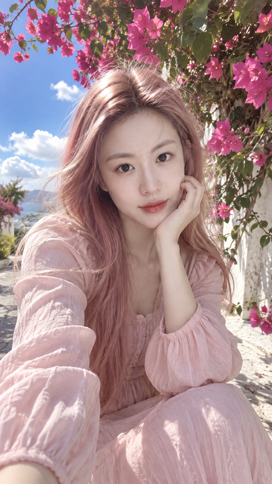 Instantané d'une femme est-asiatique aux longs cheveux rose pâle sous un ciel bleu et des bougainvilliers