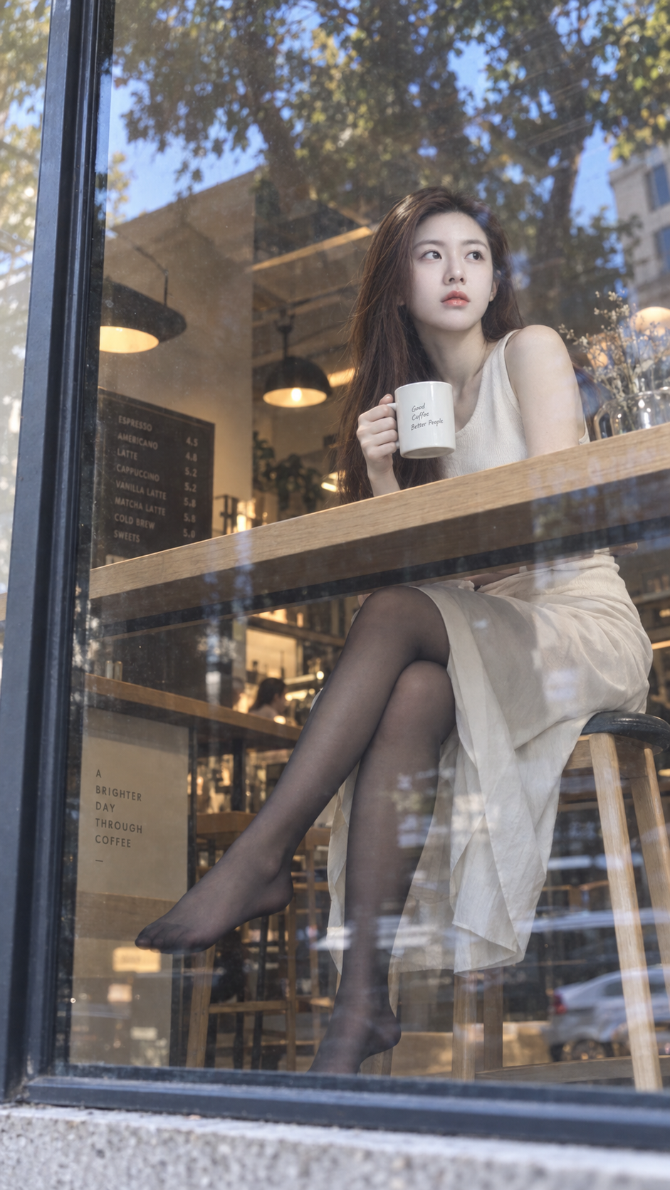 Ảnh đường phố người phụ nữ Đông Á qua cửa sổ quán cà phê