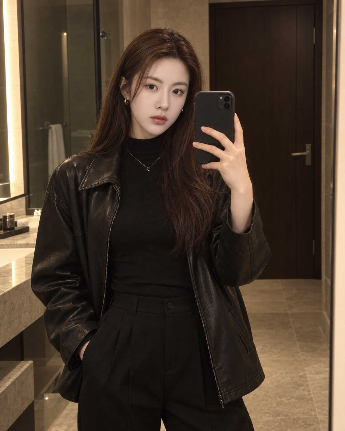 Adult Woman's Dark-Toned Hotel Mirror Selfie