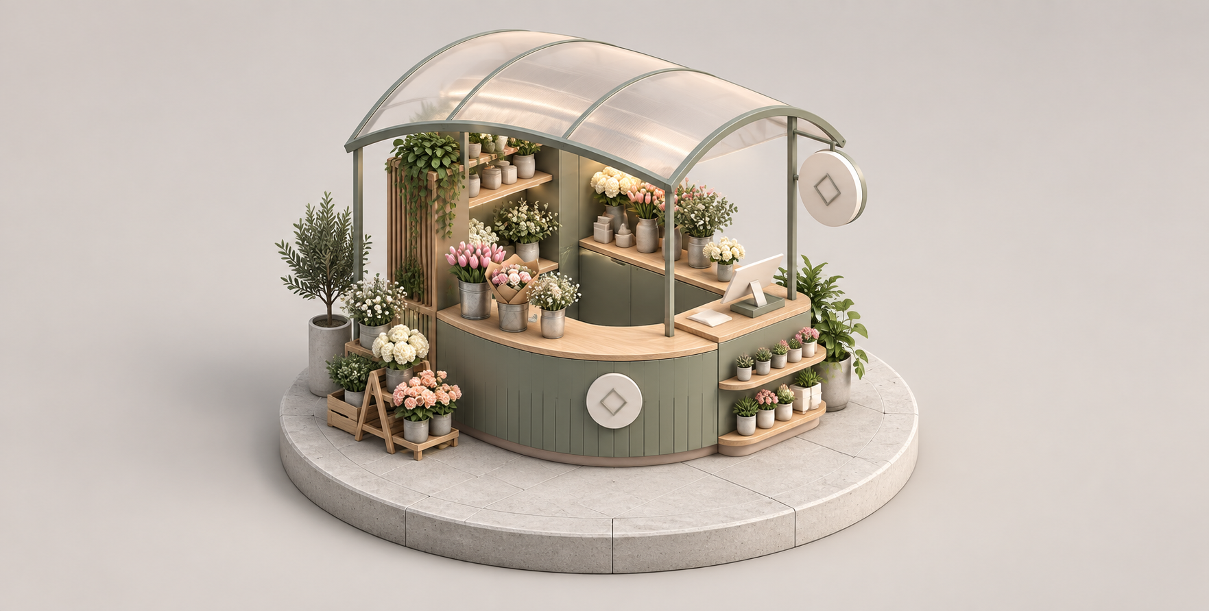 Diorama isométrique miniature de commerce urbain piloté par variables