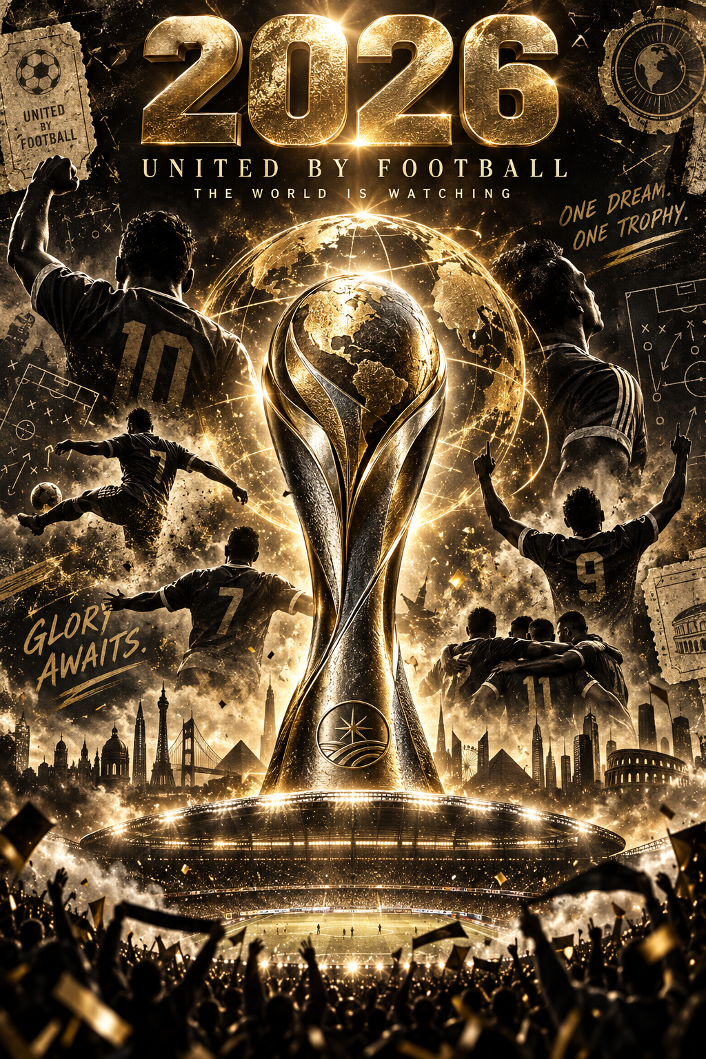 Collage or et noir d'un championnat mondial de football fictif