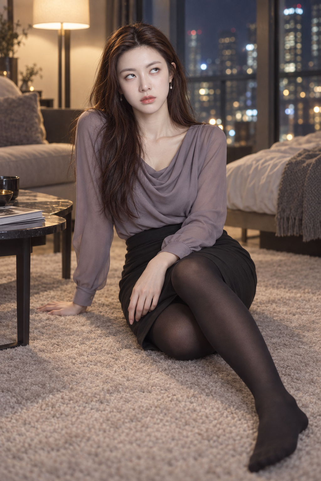 Portrait de mode original dans un appartement nocturne, yeux au ciel