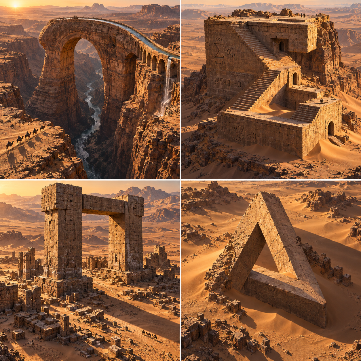 Paysage monumental de symboles mathématiques dans le désert