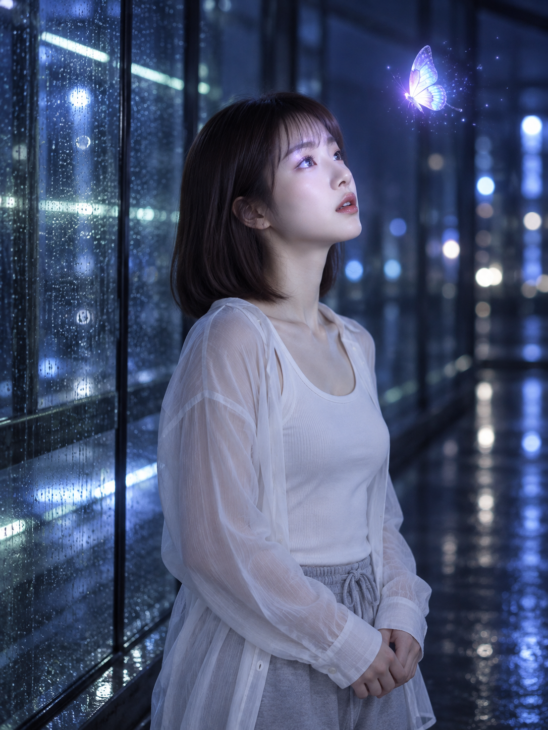 Portrait fantastique de papillon flottant dans la nuit bleue