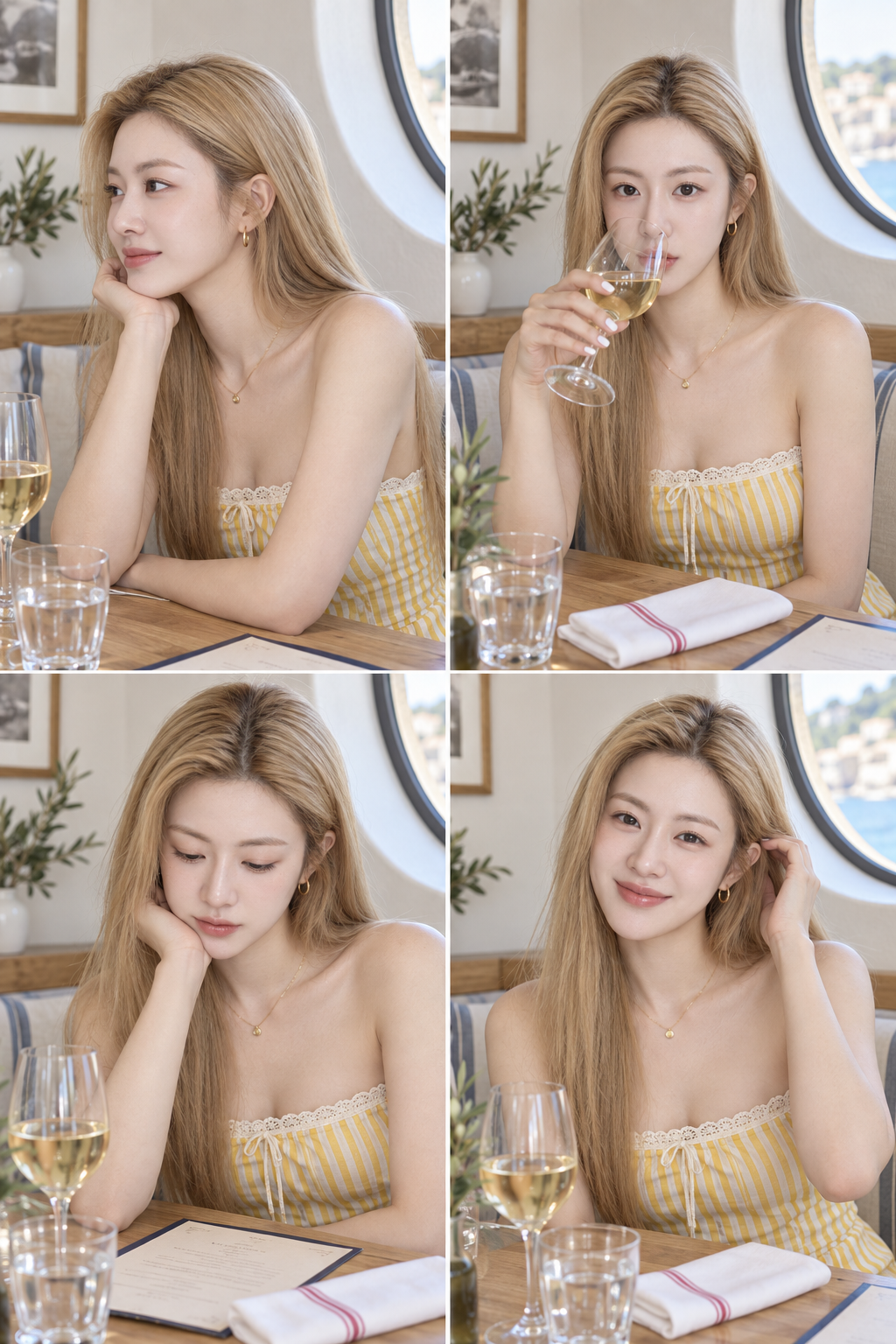 Bright Maiden in a European Summer Restaurant Quadriptych