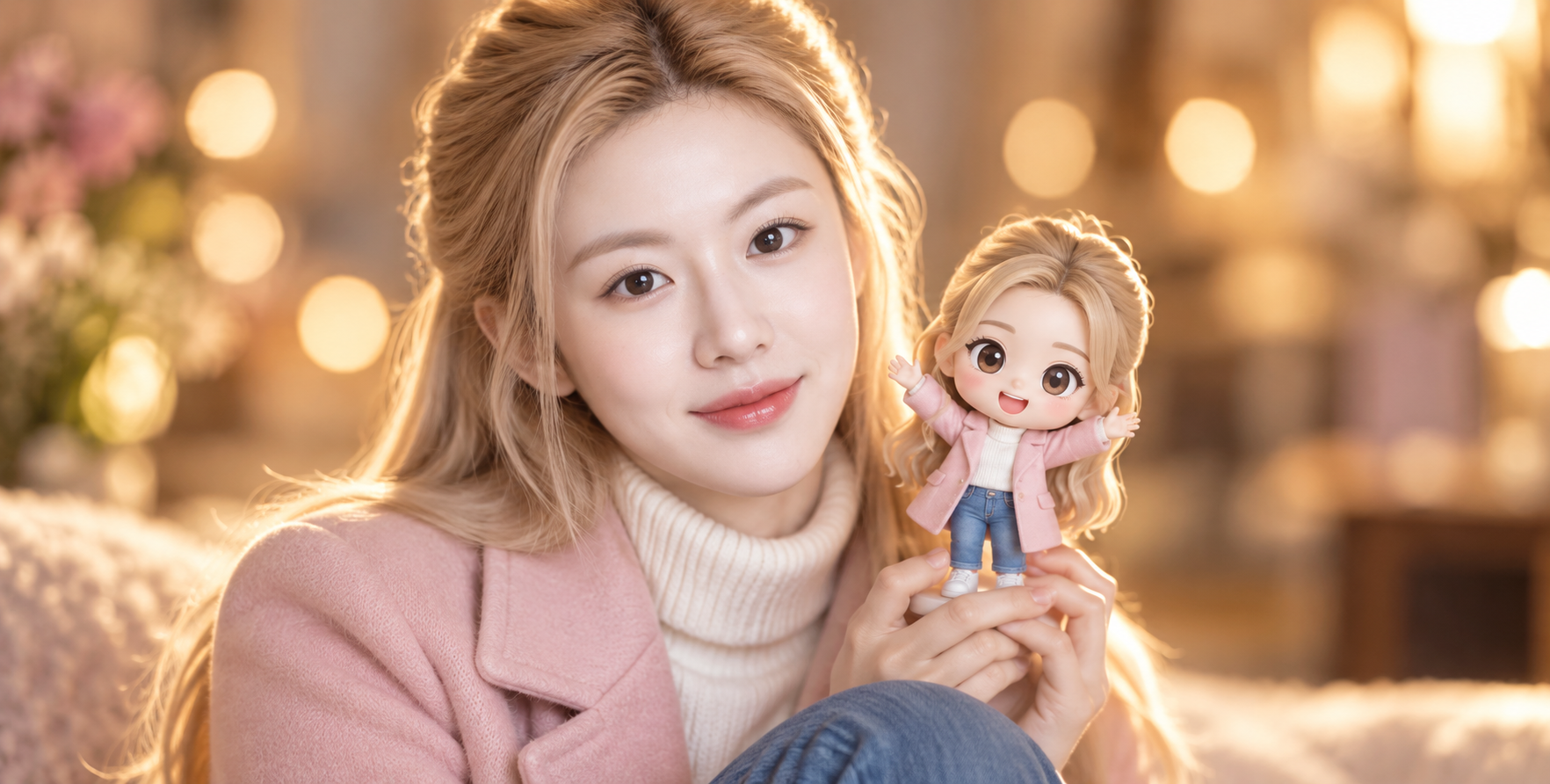 Chân dung điện ảnh người phụ nữ tóc vàng ôm búp bê chibi tự họa