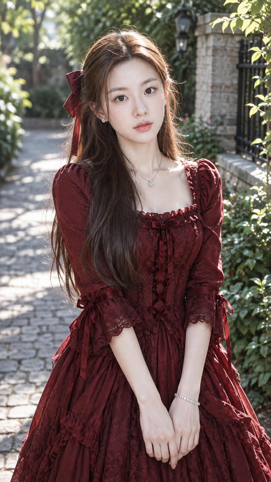 Portrait extérieur hyperréaliste d'une femme est-asiatique adulte en robe gothique cramoisie