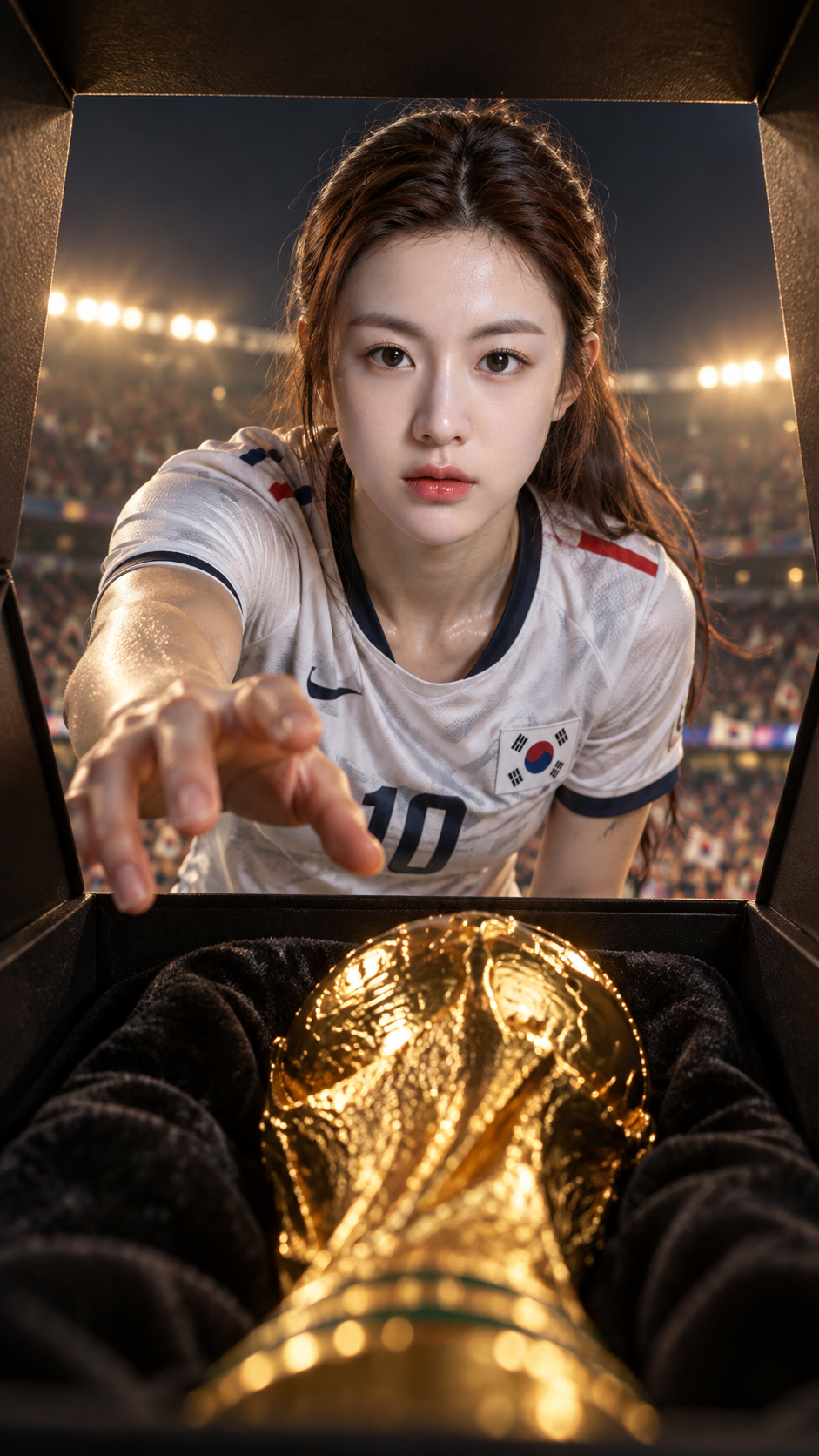 Ảnh chụp thực tế cúp và cầu thủ giải vô địch bóng đá quốc tế 2026 — AI image creation
