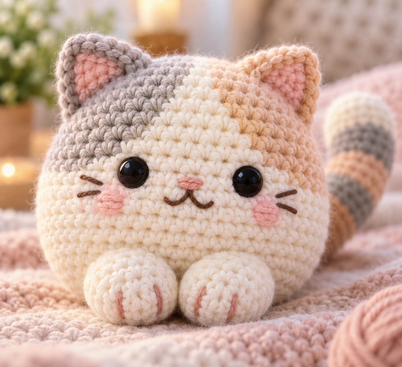 Gros plan d'une douce poupée chat au crochet
