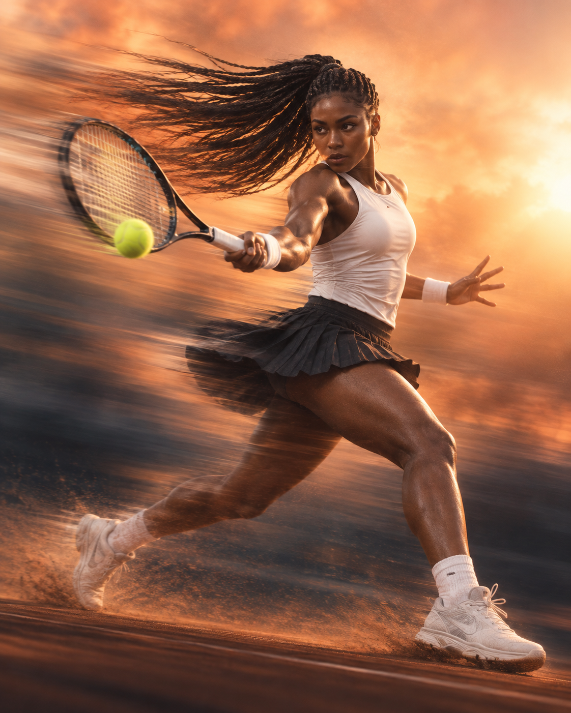 Photo cinématographique en pose longue d'une joueuse de tennis dynamique