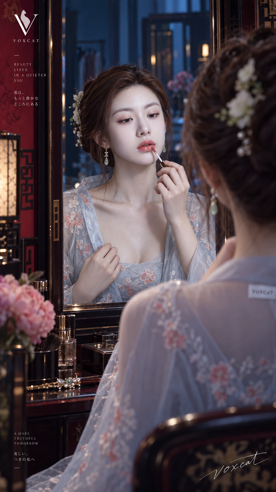 Portrait vintage élégant se remaquillant devant le miroir