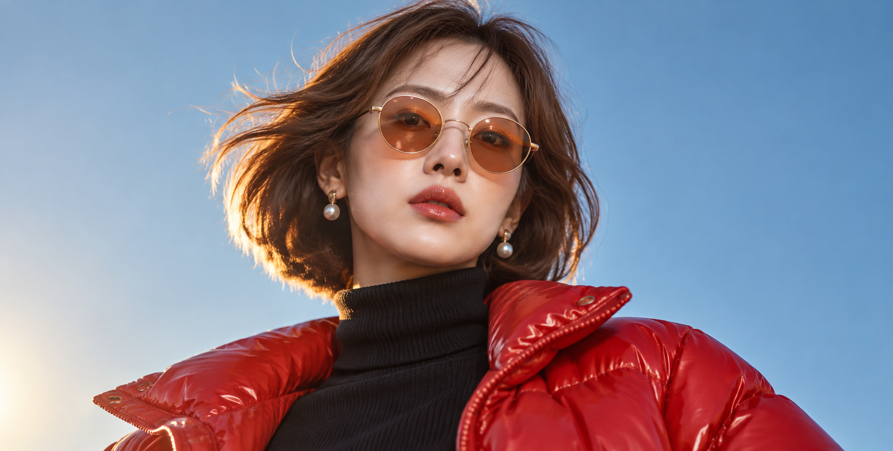 黄金の光の中の大人の女性の赤い服のファッション映画風ポートレート