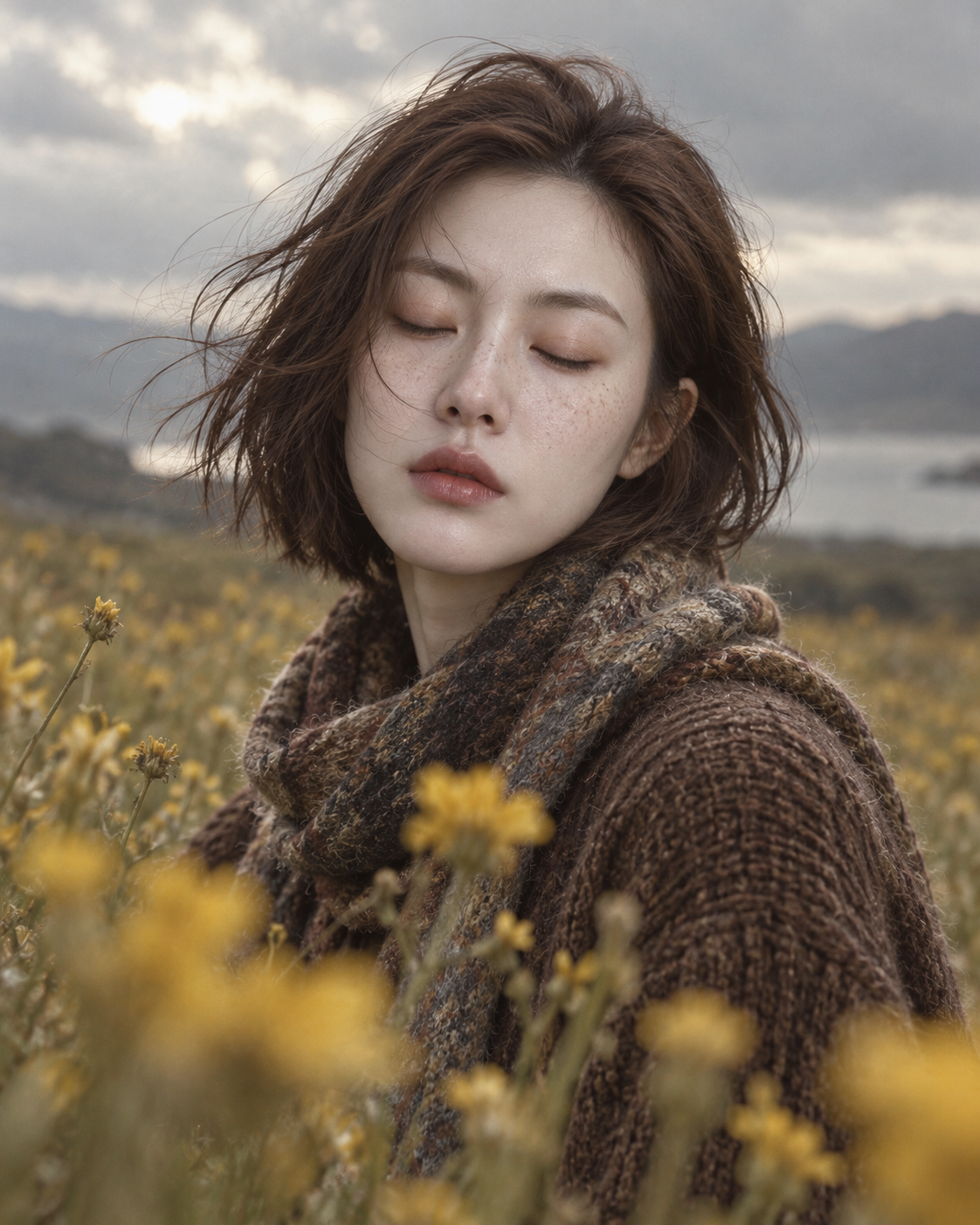 草原に佇むセーター姿の少女の超写実的シネマティックポートレート