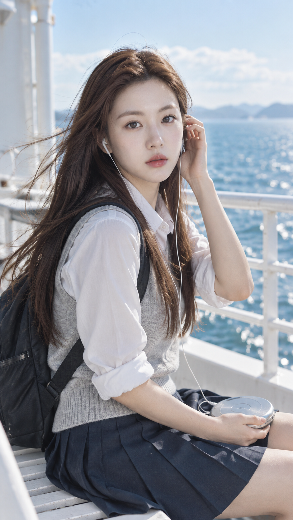 Realistic East Asian Woman Portrait by the Sea in Wind Rises Style