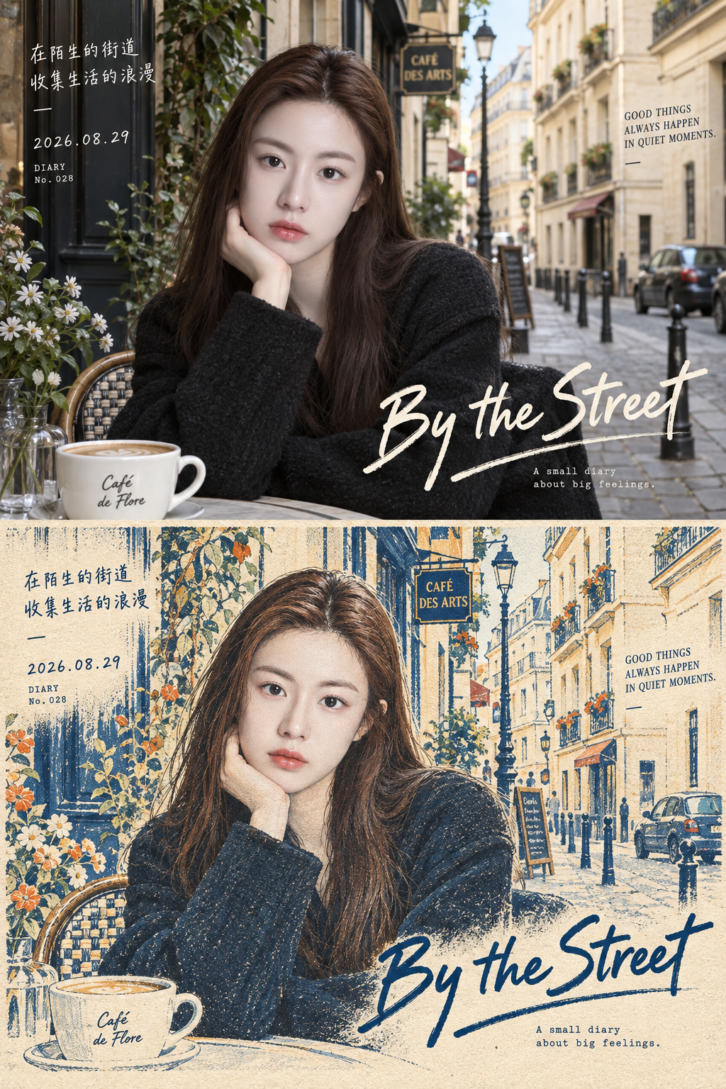Realistic Illustration Two-Panel Editorial Travel Diary Poster