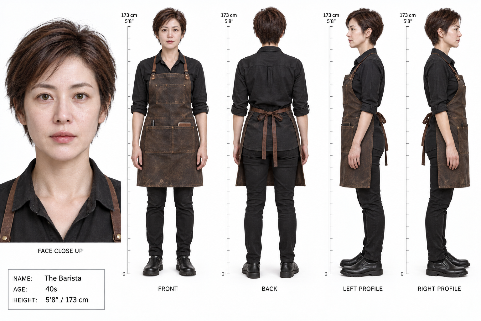 40歳女性バリスタの超写実的キャラクターデザイン五面図