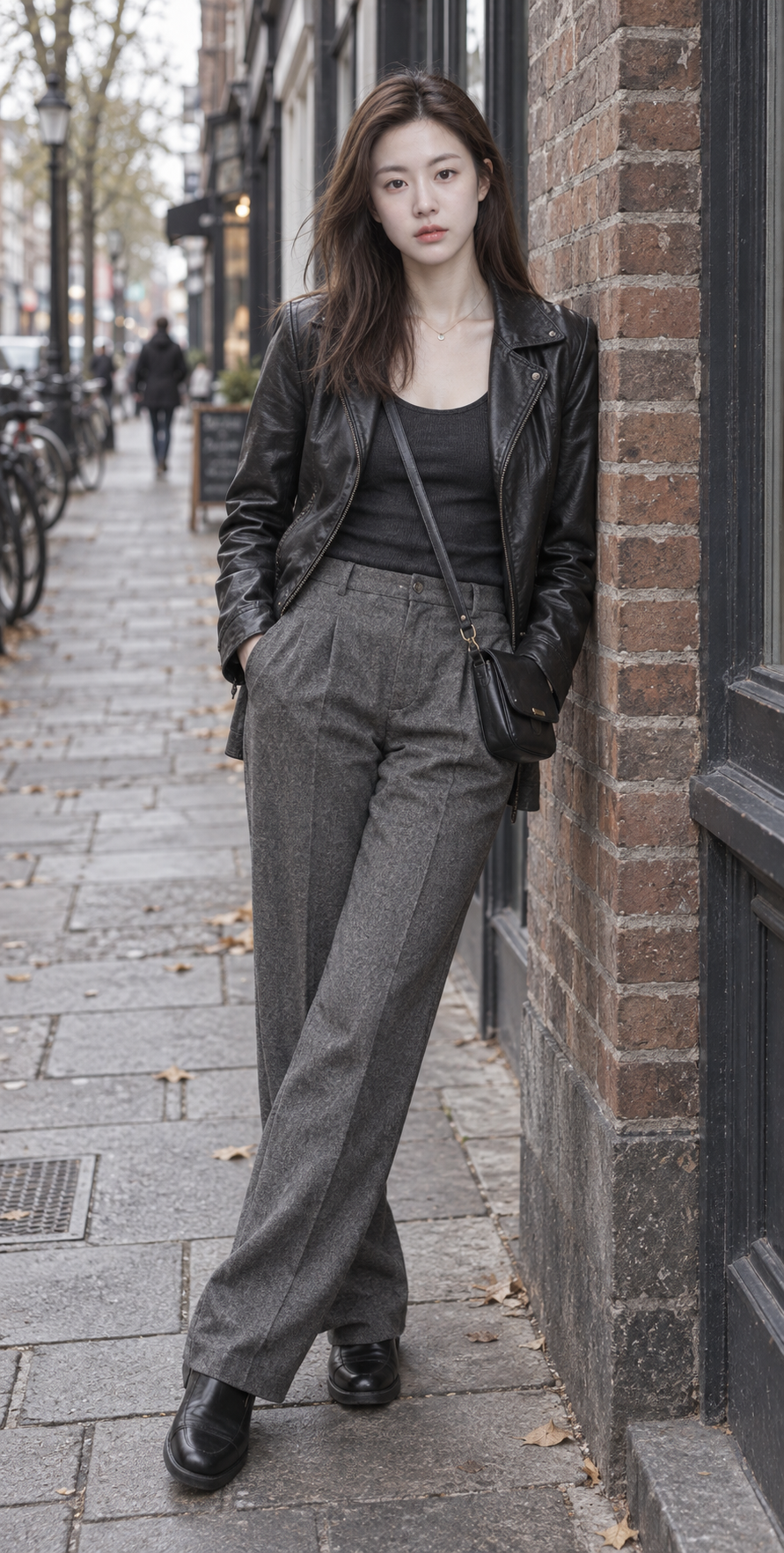 フィルム質感のミニマルな都市女性ストリートポートレート