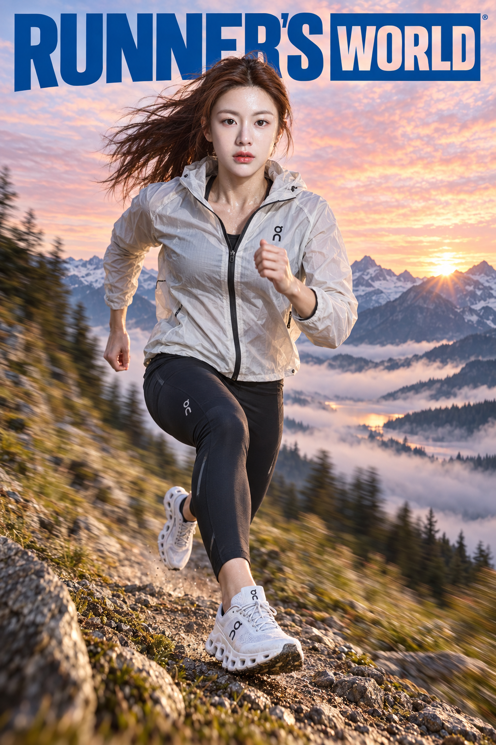 超写実的な韓国人女性トレイルランナーの雑誌表紙 — AI image creation