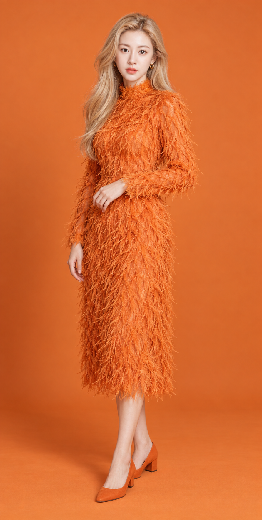 Monochrome Orange Elegant Feather Textured High-Fashion Portrait