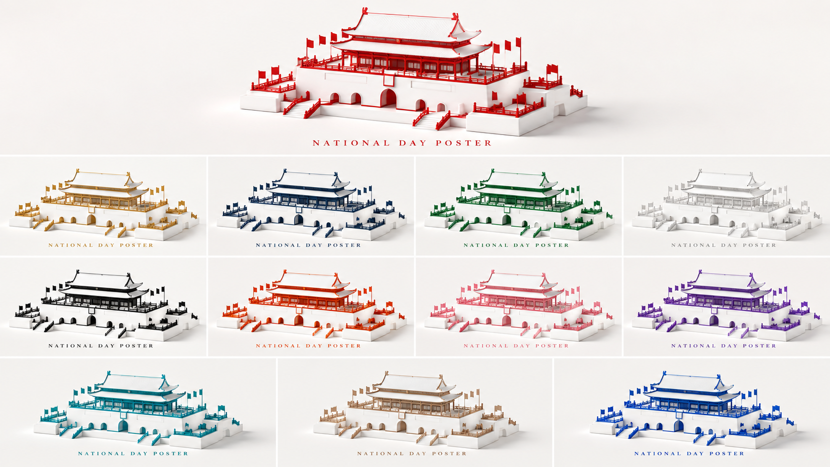 3D Miniature Minimalist Red and White National Day Architecture Poster