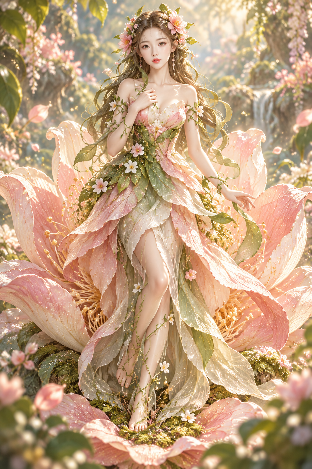 巨大な花と融合する幻想の植物精霊